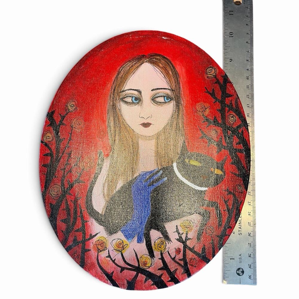 Lady With Black Cat Roses Thorns Art Canvas Oval Goth Halloween